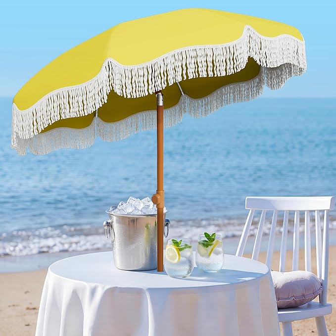 AreShark 7ft Patio Umbrella with Fringe, UPF50+ Beach Umbrella for Table, Pool & Garden, Portable Outdoor Tassels Umbrella w/Fiberglass Ribs&Push Bottom Tilt(Yellow)
