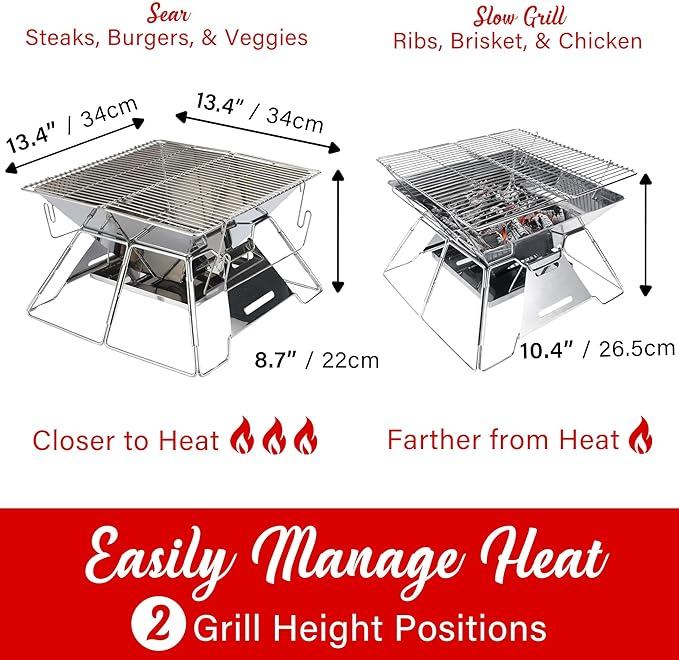 Brentwood Portable Stainless Steel Folding Charcoal BBQ Grill and Outdoor Fire Pit with Carry Bag (Medium)