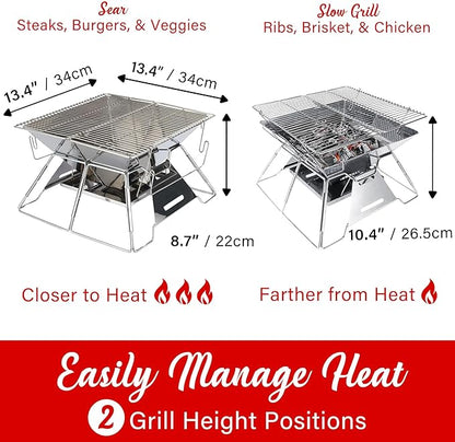 Brentwood Portable Stainless Steel Folding Charcoal BBQ Grill and Outdoor Fire Pit with Carry Bag (Medium)