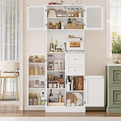 BOTLOG 72" Tall Kitchen Pantry Storage Cabinet with 4-Tier Door Shelves | Kitchen Hutch Cabinet with 2 Drawers, Frosted Glass Door for Dining Room, Modern White, Space-saving, apartment, small room