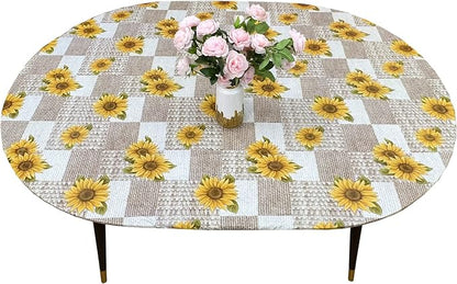 LIBERECOO Oval Tablecloth Vinyl Fitted Elastic Edge with Flannel Backing - Fits 48 x 68 Inch Oval Table - Sunflower - Elastic Edged for Secure Fit, Waterproof Wipeable Table Cover