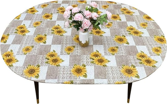 LIBERECOO Oval Tablecloth Vinyl Fitted Elastic Edge with Flannel Backing - Fits 48 x 68 Inch Oval Table - Sunflower - Elastic Edged for Secure Fit, Waterproof Wipeable Table Cover