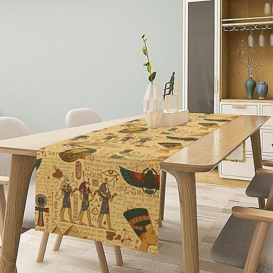 Vintage Ancient Egypt Table Runner Old Egypt Hieroglyphics African Pharaoh Theme Mysterious Egyptian Culture Dinner Runner for Farmhouse Coffee Kitchen Dining Holiday Party Home Decor 13x108in