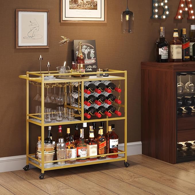 Lifewit 3 Tier Rolling Serving Bar Cart with Lockable Wheels, Gold | 12 wine rack and 3 rows glass holders, liquor serving cart for living room, 31.6 x 13.1 x 33.9 inch rolling beverage stand