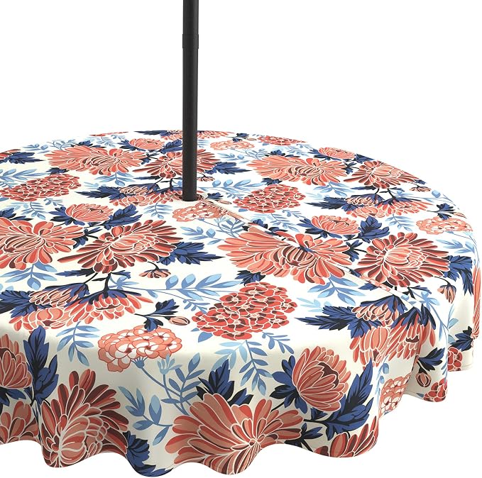 LVTXIII Round Outdoor Tablecloth with Umbrella Hole and Zipper, Water-Repellent 60 Inch Patio Table Cover for Bistro, Garden, Patio & Picnic, Vibrant Blossom