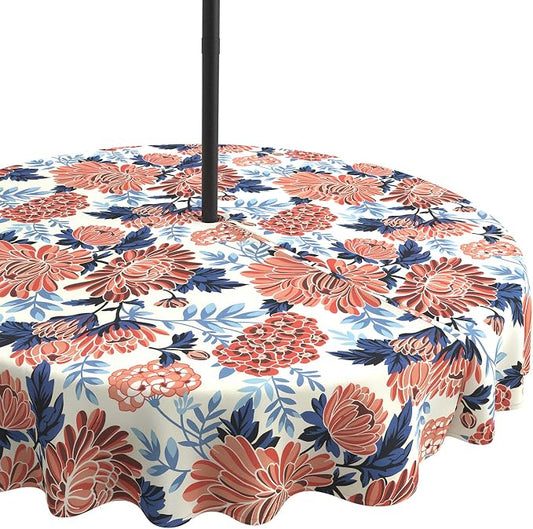 LVTXIII Round Outdoor Tablecloth with Umbrella Hole and Zipper, Water-Repellent 60 Inch Patio Table Cover for Bistro, Garden, Patio & Picnic, Vibrant Blossom