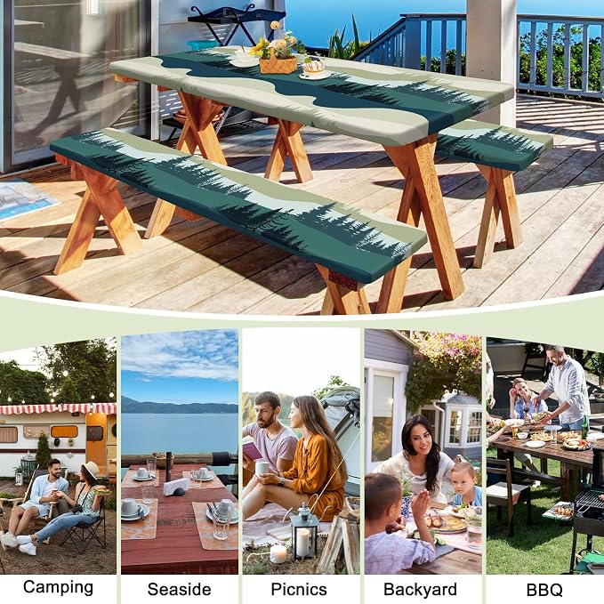 Picnic Table and Bench Cover Set, Waterproof Fitted Elastic Cloth | Portable Camping Essentials With Built-In Storage Pocket And Waterproof Fabric For Outdoor RV Or Picnic Table Use