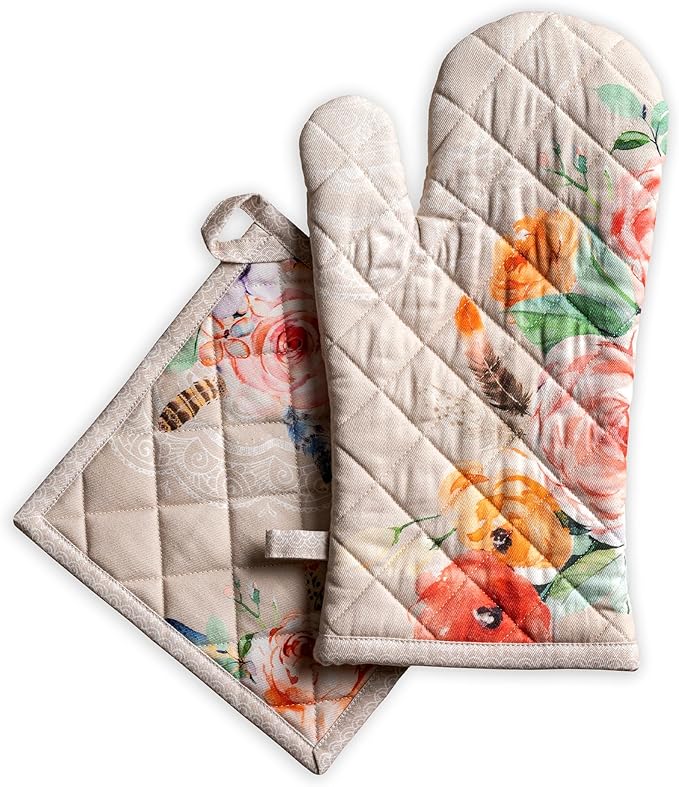Maison d' Hermine 100% Cotton Oven Mitt & Pot Holder Set (7.5"x13" & 8"x8") Heat Resistant BBQ Cooking Gloves with Loop Baking Grilling Kitchen Hotel Home Farmhouse Spring Summer (Ibiza - Beige)