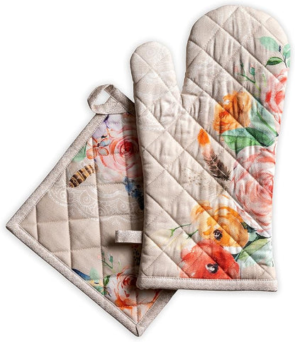 Maison d' Hermine 100% Cotton Oven Mitt & Pot Holder Set (7.5"x13" & 8"x8") Heat Resistant BBQ Cooking Gloves with Loop Baking Grilling Kitchen Hotel Home Farmhouse Spring Summer (Ibiza - Beige)