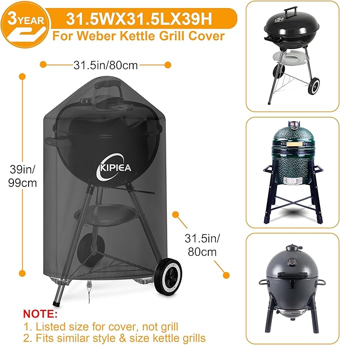 Kipiea 600D Grill Cover for Weber 26 Inch Charcoal Kettle, Heavy-Duty Oxford BBQ Grill Covers with 3 Buckles, Waterproof, Wind Resistant, Anti UV, No Tears (31.5" W X 31.5" D X 39" H)