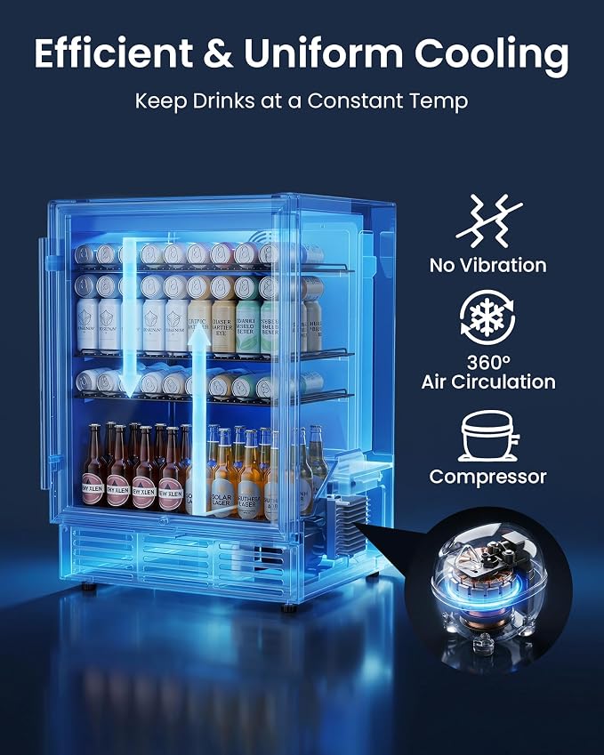 24 Inch Beverage Refrigerator 180 Cans | Under Counter Glass Door | 24 in beverage refrigerator, 180 cans, glass door, LED, lock, built-in or freestanding, quiet cooling for home, bar, kitchen