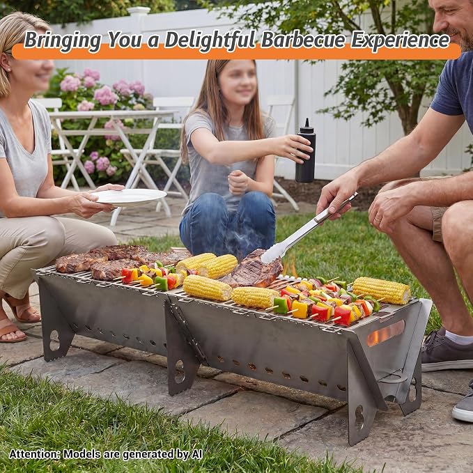 Portable Charcoal BBQ Grill, Extra Long Heavy Duty Camping Safe | 31.4"x9.1"x7.9",2mm Steel Construction for Outdoor Cook, Family BBQ, Picnic，Detachable, Folds to 3cm Flat for Easy Storage