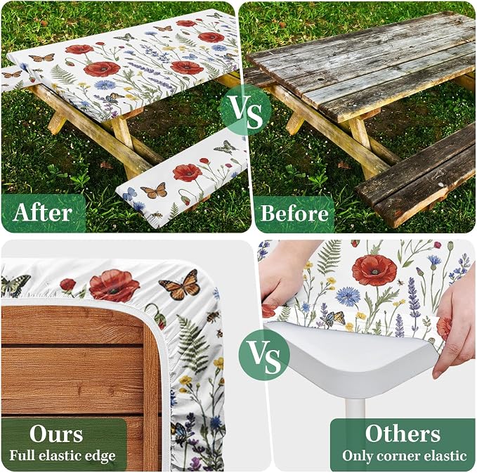 Picnic Table Cover with Bench Covers, Wildflower Camper, 72 Inch | 3PCS Waterproof fitted tablecloth elastic edges outdoor camping essentials with drawstring bag