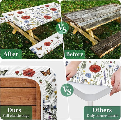Picnic Table Cover with Bench Covers, Wildflower Camper, 72 Inch | 3PCS Waterproof fitted tablecloth elastic edges outdoor camping essentials with drawstring bag