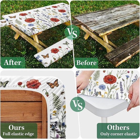 Picnic Table Cover with Bench Covers, Wildflower Camper, 72 Inch | 3PCS Waterproof fitted tablecloth elastic edges outdoor camping essentials with drawstring bag