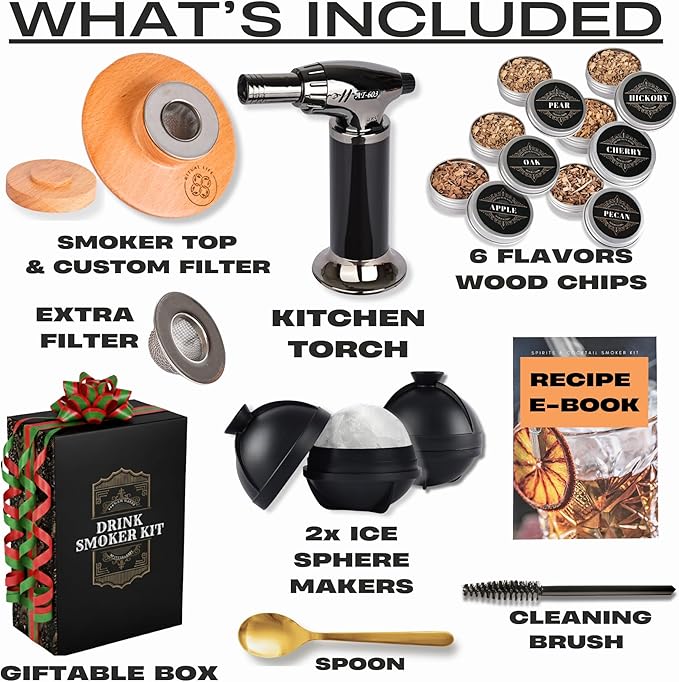 Cocktail Smoker Kit - Whiskey Bourbon Drink Smoker with Torch, Custom Top, 2 Ice Ball Makers, 6 Flavors Wood Chips, Extra Filter - Smokers for Whiskey Drinks - Cocktail Drink Smoking Kit