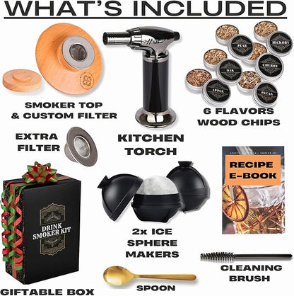 Cocktail Smoker Kit - Whiskey Bourbon Drink Smoker with Torch, Custom Top, 2 Ice Ball Makers, 6 Flavors Wood Chips, Extra Filter - Smokers for Whiskey Drinks - Cocktail Drink Smoking Kit