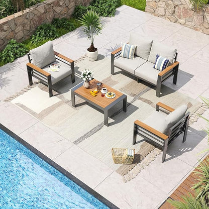 Aoxun Aluminum Patio Furniture Set 4 Seats, Oversized Outdoor Sectional with Washable Thick Cushions, Coffee Table, Patio Conversation Sets for Porch, Balcony, Deck