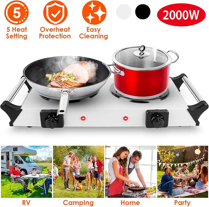Electric Hot Plate, 2000W Countertop Double Burner with Adjustable Temperature & Handles, Stainless Steel Coil Electric Stove for Cooking Cooktop for Home Kitchen Dorm RV Camp, White