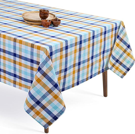 Gingham Check Tablecloth, 52x70 Inches, 100% Cotton, Washable, Table Cover for Summer Parties, Holidays and Everyday Dining, Indigo Blue - Mustard Yellow - Aqua Blue and White Plaid