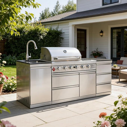 83" Outdoor Kitchen Island, 4+1 Burner Modular Kitchen with Grill Station Cabinetry,304 StainlessGranite, Sink, BBQ Set for Patios & Backyards (Stainless, 83 IN)