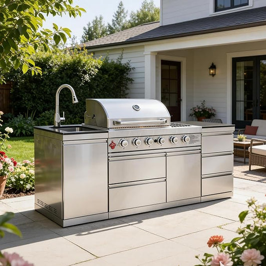 83" Outdoor Kitchen Island, 4+1 Burner Modular Kitchen with Grill Station Cabinetry,304 StainlessGranite, Sink, BBQ Set for Patios & Backyards (Stainless, 83 IN)