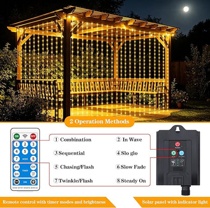 Solar Curtain Lights Outdoor Waterproof, 300LED 9.8x9.8FT Fairy String Lights with USB-C & Solar Charging, Remote Timer Twinkle Waterfall Lights for Patio Garden Wedding Decor (Warm)