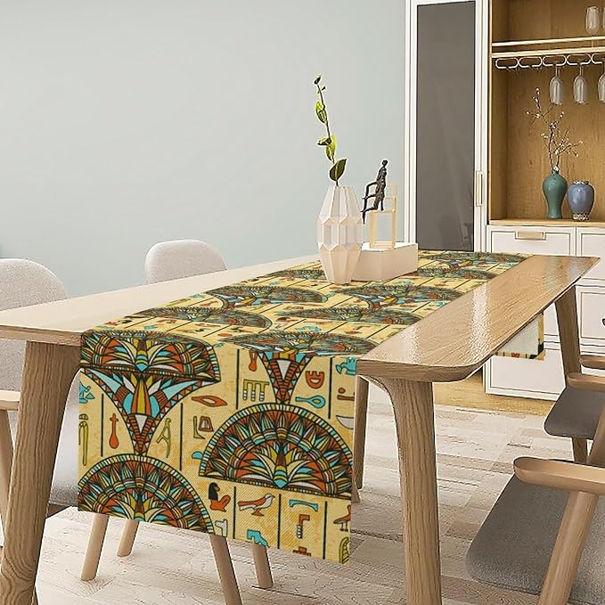 Vintage Ancient Egypt Table Runner Old Egyptian Hieroglyphics Print Mysterious Egypt Culture Dinner Runner for Home Kitchen Dining Coffee Table Party Holiday Decor 13x60in