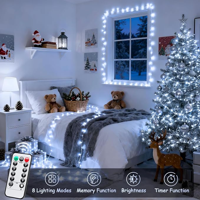 JMEXSUSS White Christmas Lights with Remote, 33ft 100 LED Battery Operated Christmas Lights, 8 Modes Outdoor Indoor String Light for Xmas Bedroom Tree Yard Porch Wedding (Pack of 2)