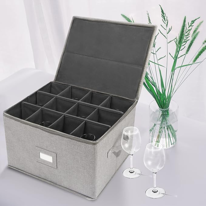 popoly Stemware Storage Cases, Wine Glass Storage Box Containers with Dividers, Stackable China Storage Containers for 12 Wine Glasses, Drinkware, Glassware or Crystal (Light Grey) | Stackable China Storage Containers for 12 Wine Glasses, Drinkware, Gl...