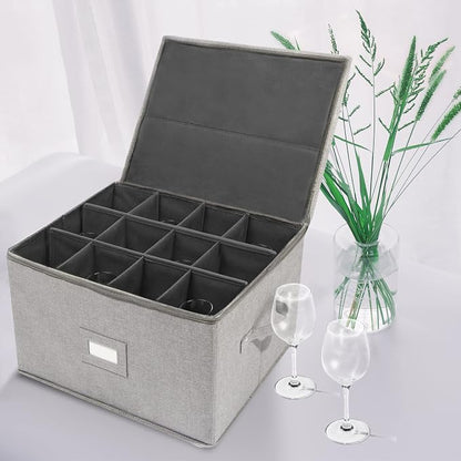 popoly Stemware Storage Cases, Wine Glass Storage Box Containers with Dividers, Stackable China Storage Containers for 12 Wine Glasses, Drinkware, Glassware or Crystal (Light Grey) | Stackable China Storage Containers for 12 Wine Glasses, Drinkware, Gl...