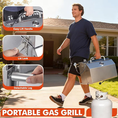 Llamaviva 3 Burner Gas Propane Grill with Dual Fuel Adapter,22500 BTU Stainless Steel Tabletop Portable Grill for Outdoor Barbecue Camping Cooking RV