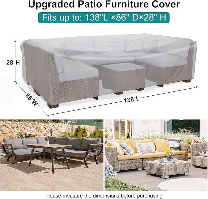 Waterproof Outdoor Patio Furniture Covers 138"L×86"W×28"H Grey | Rain, Dust & UV Protection; Heavy-duty Oxford Resists Tears & Fading; Keeps Dining Tables & Chair Sets Dry on Patio & Deck