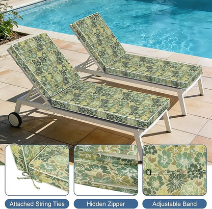 LVTXIII Outdoor Chaise Lounge Cushion 72x21x3 Inch, Water-Repellent Patio Seat Cushion with Ties & Hidden Zipper, Thick Foam Pad for Lawn Chair, Poolside, Patio Furniture, Green Rose