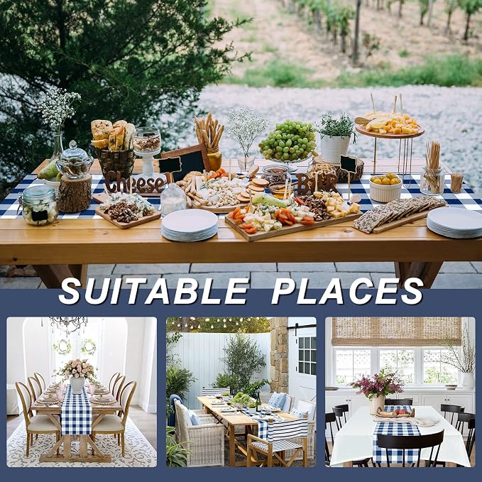 Hiasan Buffalo Plaid Table Runner, Classic Farmhouse Tabletop Collection, Waterproof Table Runner for Kitchen Dining, Banquet, Restaurant, Outdoor Use, 14W x 108L, Navy Blue and White, 1 Piece