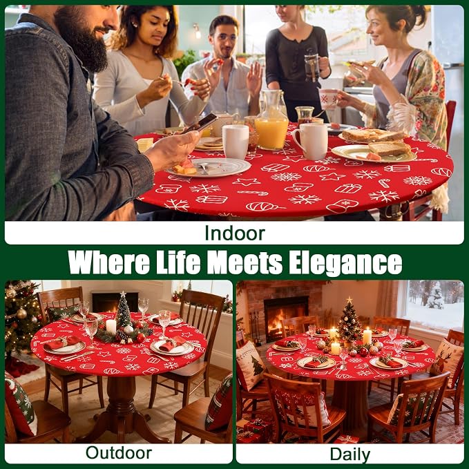 Smiry Round Spandex Tablecloth, Elastic Fitted Washable Tablecloths for 57"-68" Tables, Waterpoof Stretch Picnic Table Cover for Dining, Indoor and Outdoor, Snowflake