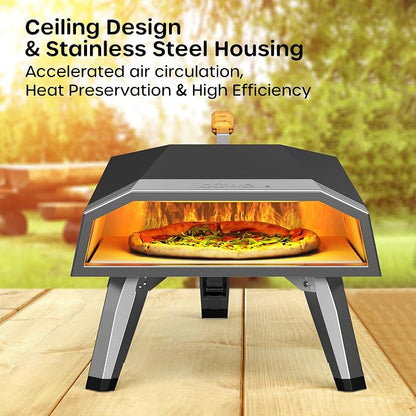 ECOWELL 12" Pizza Oven Outdoor Wood Fired, Outside Pellet Pizza Oven | with Pizza Stone/Peel/Cutter, Infrared Thermometer and Portable Cover, Black