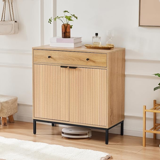 Mericonia Farmhouse Buffet Sideboard Cabinet with Storage, Fluted Coffee Bar with Doors and Adjustable Shelves, Modern Wood Cabinet for Kitchen, Livingroom (Fluted 2 Door, Natural)