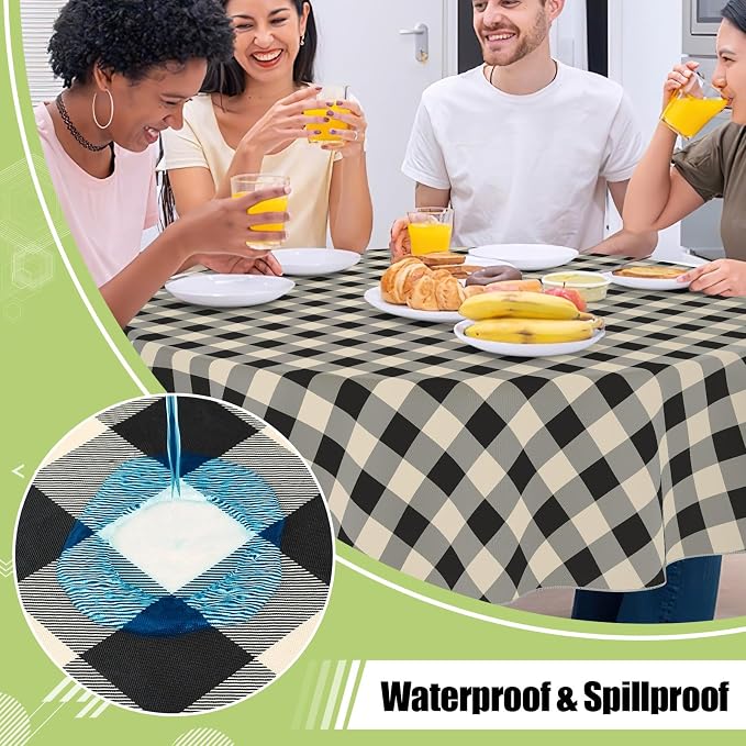 Smiry Oval Table Cloth, Vinyl Tablecloths with Flannel Backing, 60"x84" | Waterproof Picnic Table Cloth, Wipeable Buffalo Plaid Table Cover for Indoor and Outdoor (Black & Beige)