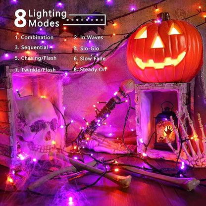 Brizled Outdoor Halloween Lights, 164FT 500 LED Halloween String Lights | Orange & Purple; 8 Mode; Waterproof; Mini Spooky Light String Plug in Twinkle Light for Party Tree Outside Indoor Decorations