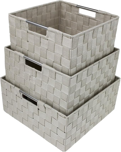 Sorbus Storage Box Woven Basket Bin Container Tote Cube Organizer Set Stackable Storage Basket Woven Strap Shelf Organizer Built-in Carry Handles (Beige)