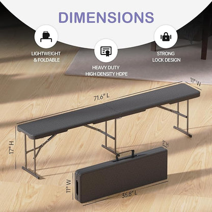 VSOAEIL 6 Foot Folding Bench, 6 FT Foldable Plastic Bench Indoor & Outdoor | 6 Feet Portable Bench Seating with Handle and HDPE Tabletop - Party, Dining, Picnic, Camping, Sports, Temporary Events Rattan