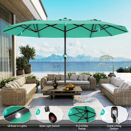 AreShark 13 FT Patio Umbrella with Solar Lights, Double-Sided Outdoor Table Umbrellas with Crank, Large Rectangular Market Umbrella for Porch, Lawn, Pool, Backyard, Cerulean