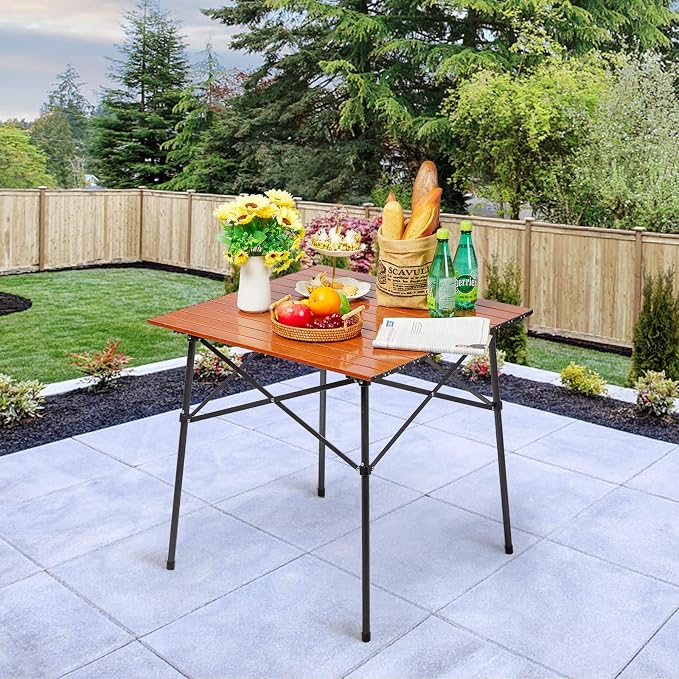 Portal Lightweight Aluminum Folding Square Table Roll Up Top 4 People Table | Portable Outdoor Design; Durable Construction; Easy Setup & Storage; Color: Brown
