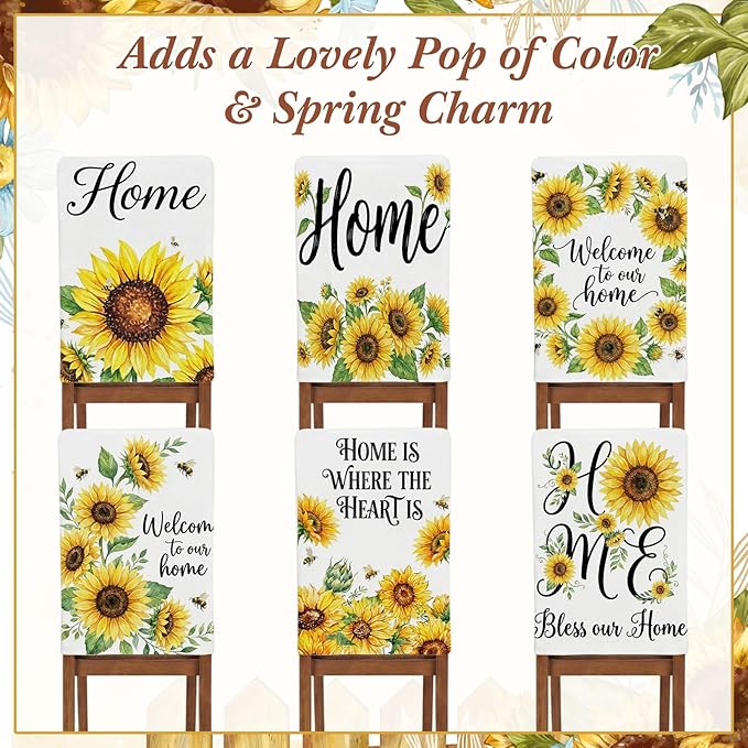 7 Pcs Sunflower Tablecloth and Chair Covers Set 60 x 84 Inch Waterproof Stain Rectangular Table Cover with Stretchable Removable Chair Slipcovers for Dining Room, Patio, Summer Parties