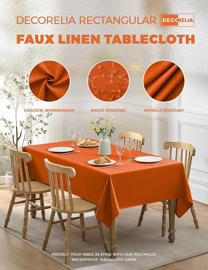 Decorelia Waterproof Wipeable Table Cloth Rectangle Table for Wedding, Faux Linen Rustic Reusable Rectangular Table Cloth Cover for Dining, Party & Camping(Oblong,60 x 104 Inch (8-10 Seats), Rust)