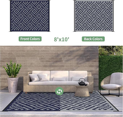 GENIMO Outdoor Rug, Waterproof Plastic Rugs for Patio, 8'x10' Blue Grey | Outside Larger Modern Carpet Mat for Porch Decor, Deck, Balcony, Camping, RV, Backyard, Picnic, Beach, Reversible, Foldable