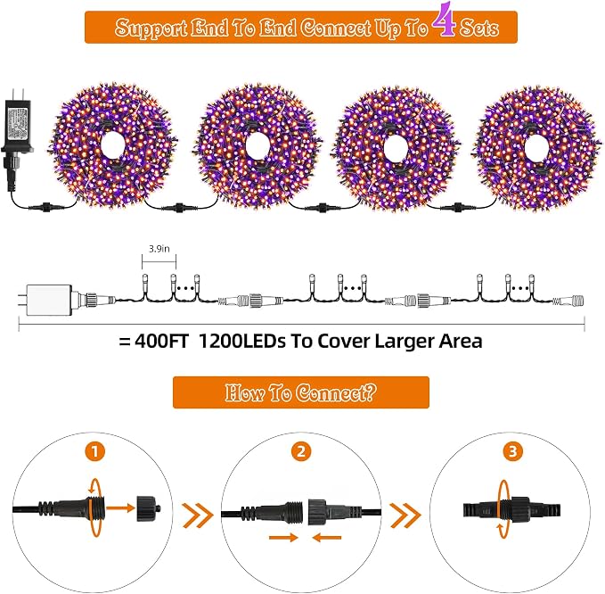 MZD8391 105FT 300LED Halloween Light, Orange Purple Christmas Light | Remote, Waterproof, 100% UL Listed, Halloween String Light Outdoor Indoor, End To End Connect, 8 Light Mode, Timer & Memory