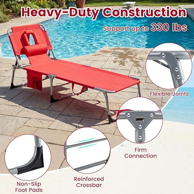 COSTWAY Tanning Chair with Face Hole, Folding Beach Lounge Chair with 4-Position Adjustable Backrest, Pillow & Side Pocket, Foldable Chaise Lounge Chair Outdoor for Sunbathing, Camping (1, Red)