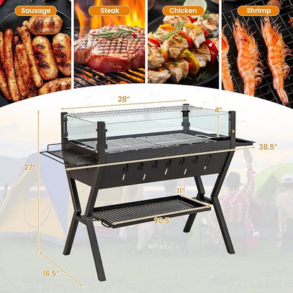 Giantex Charcoal Grill with Transparent Glass Wind Guard, Heavy Duty BBQ Grill Campfire Pit, Fire Bowl, Side Spice Racks, Bottom Storage Shelf, for Outdoor Cooking Backyard Barbecue Party